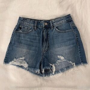 KanCan Ivanna Ultra High Rise Distressed Hem Med Washed‎ Distressed Jean Shorts!